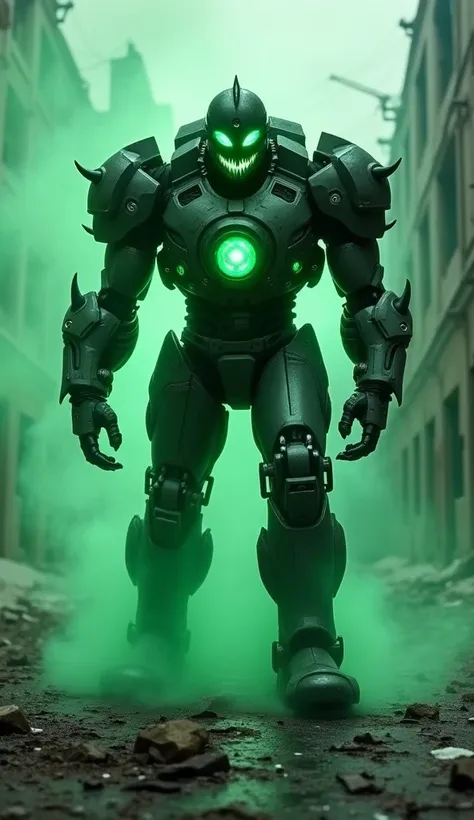 "A fierce Iron Man with glowing green eyes and sharp fangs, dripping venom, emerging menacingly from an eerie green mist in the middle of an abandoned, ruined city with cracked roads and shattered buildings. His entire armored body is fully visible, with g...