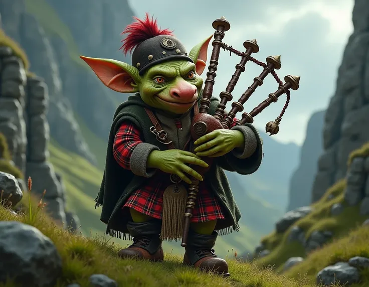 A Warhammer goblin playing a bagpipe dressed as a Scotch