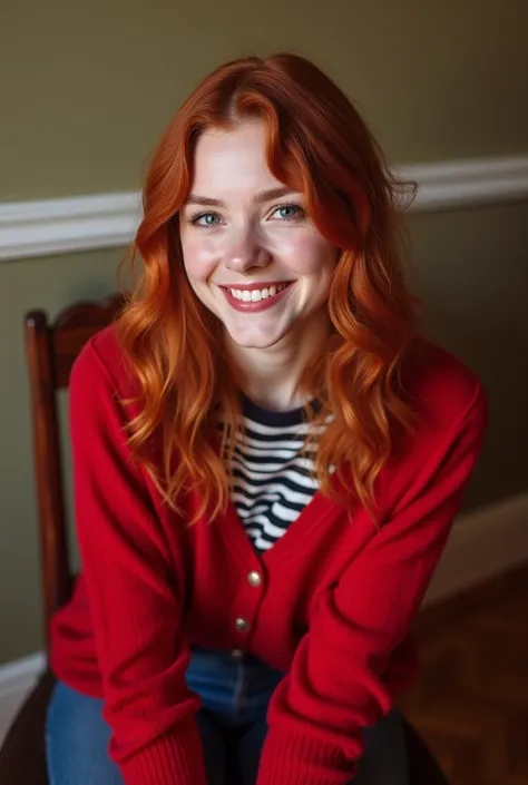 smiling woman in a red sweater and striped shirt sitting on a chair, a colorized photo inspired by Julia Pishtar, reddit, tachisme, selfie of a young woman, 30-year-old french woman, profile image, with red hair, around 1 , jovana rikalo, taken in the late...