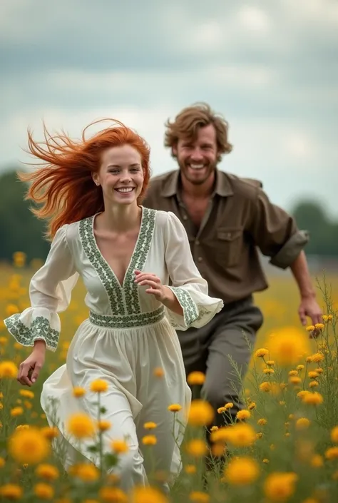 red head woman running in a field of wildflower, handsome wide shouldered man running after her, both smiling and laughing, youthful woman, wearing long bell sleeved white dress with green flower patterns, rugged man, dreamlike quality