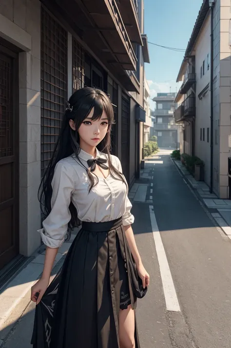 8k, girl,  very small chest by the wall of a building ,白と黒のメイド服を着てカメラを見ている金髪の girl,  White and black maid long skirt , blue eyes,  very small chest by the wall of a building のメイド,super beauty(Realistic)Realistic 3D Style,   very small chest by the wall of ...