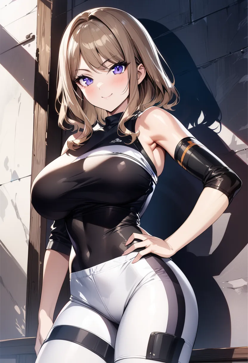 suminoe_shion, light brown hair, purple eyes, large breasts, bangs, black shirt, black sportswear, bare shoulder, knee guard, fi...