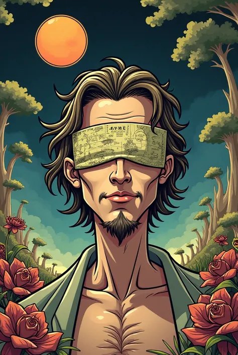 a cartoon image of a man with a blindfold and a map of the body, cyclops, philippe caza, bizarrrrre, phil jimenez, kilian eng. mœbius, by Gilberto Soren Zaragoza, by Ignacio Zuloaga, jojos bizarre adventure, by Felipe Seade, bizzare