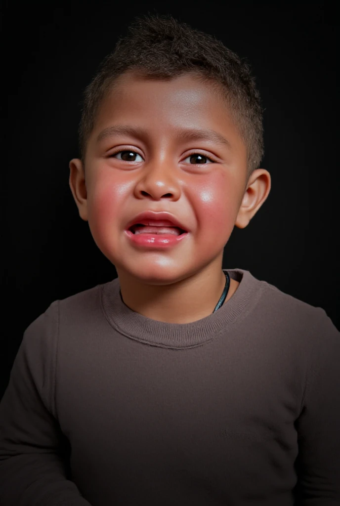 A highly detailed and realistic portrait of a young  crying uncontrollably, captured in a professional studio setting. The image focuses on a frontal medium shot of the s face and upper torso, emphasizing their tear-streaked cheeks, red eyes, and an expres...