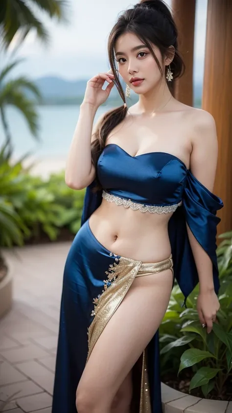 arafed woman in a glittering blue strapless lehenga with shawl hanging over the shoulder showing cleavage,standing sideways,Natasha nice, voluptuous and arousing,messy ponytail hair with floral band, voluptuous, beautiful thick female, lush vista,lacey, bb...