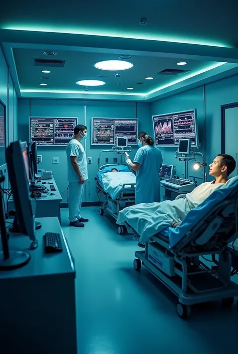 Remote patient monitoring - modern techniques and technologies. The scene should depict a state-of-the-art medical facility with advanced monitoring devices and healthcare professionals interacting with patients. 
Style: Ultrarealistic photography, trendin...