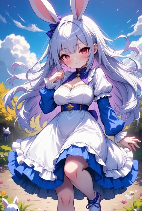 (  Top Quality,  very detailed description ,  amazing high resolution ),Countryside scenery:2.0,  ,(Chibi, cute , Smaller , blue hair,  very long hair ,bangs,rabbit ears, red eyes, big eyes that tear,  beautiful sparkling eyes  ,  white skin ,Big head ribb...