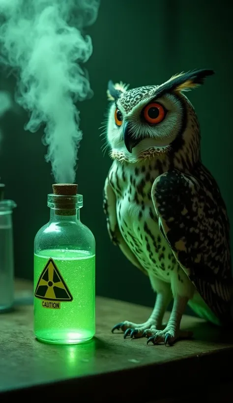 "In a dark laboratory, a glass vial with a radioactivity caution sticker containing green radioactive liquid emits dense vapors. An owl perched near the vial observes the substance with large, piercing eyes, its feathers faintly illuminated by the green gl...