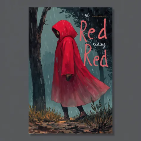 a book cover design for the book "Little Red Riding Hood walking on rainy day", with the text "Little Red", unqiue creative design