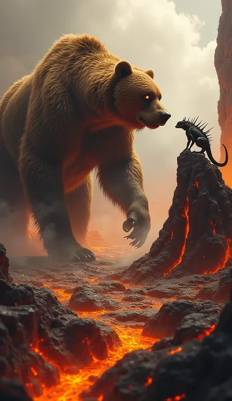 A massive bear trudges through the molten landscape, its fiery eyes meeting a spiked lizard perched on a rock, steam rising around them.
