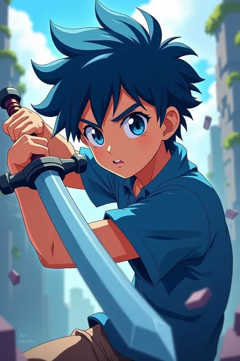 Minecraft.but anime boy.Hes holding a sword.Hes wearing a blue shirt