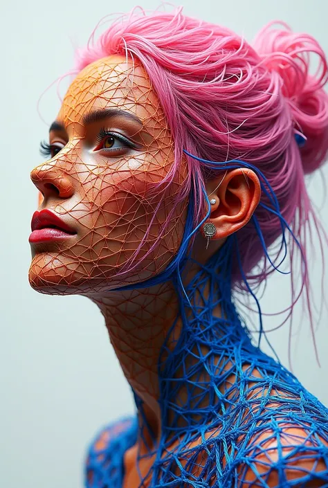  The hyperrealistic portrait consists of a human figure composed entirely of threads ,  mixing shades of pink , blue, The yellow ，  like eyebrows and shadows  。  The style must combine artistic interpretation and  ， like a sculpture ， o estilo deve combina...