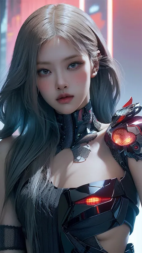 (masterpiece,  Top Quality,  Top Quality, Official Art,  beautifully , Aesthetic:1.2), Staring at the viewer , Portrait, ( 1 cyberpunk babe  ),  big iridescent eyes ,  beautiful skin , (  long pink and blue hair with bangs), VERY DETAILED, ( neon color fra...