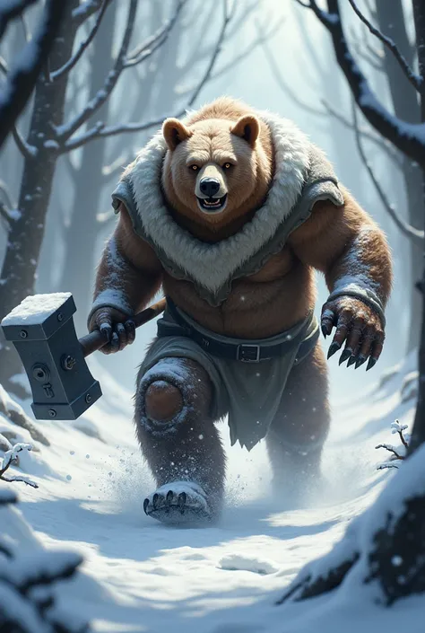 Snow worrier Bear his right hand holding a big hammer is on the run in a snow forest
