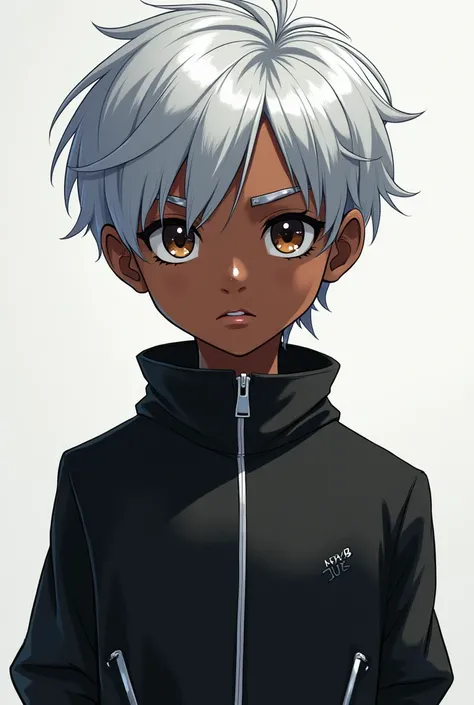 Raise a  black boy, with a serious expression,  silver hair ,  black and white clothes ,  anime style 