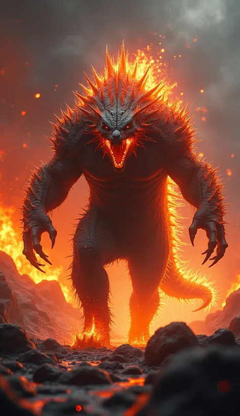 The hybrid stomps through the lava, its bear-like frame covered in glowing, spiked scales, while its lizard tail lashes, radiating heat.
