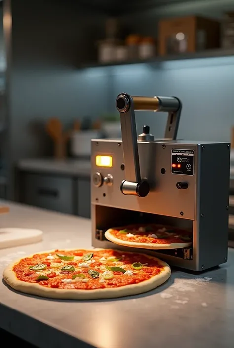 Imprimante a pizza fonctionnant avec une presse manuelle sous forme de plaque qui sabaisse sur la pâte pour deposer la garniture grace a un levier