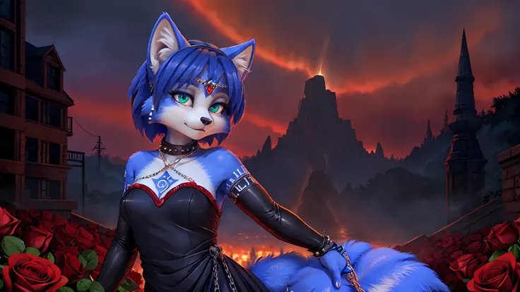 a picture of ((krystal)), Star Fox-Krystal, lovable, green eyes, ((( long blue hair 1 .3))), Decollete, anthro, Fuzzy,  detailed Fluffys fell,  detailed face , (Fluffy), Alone,    dark clothes 、dark good、dark skirt、 Best bust、Ravine、Luck、A slender、provocat...