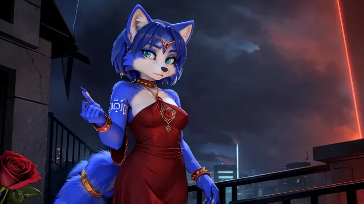 a picture of ((krystal)), Star Fox-Krystal, lovable, green eyes, ((( long blue hair 1 .3))), Decollete, anthro, Fuzzy,  detailed Fluffys fell,  detailed face , (Fluffy), Alone,    dark clothes 、dark good、dark skirt、 Best bust、Ravine、Luck、A slender、provocat...