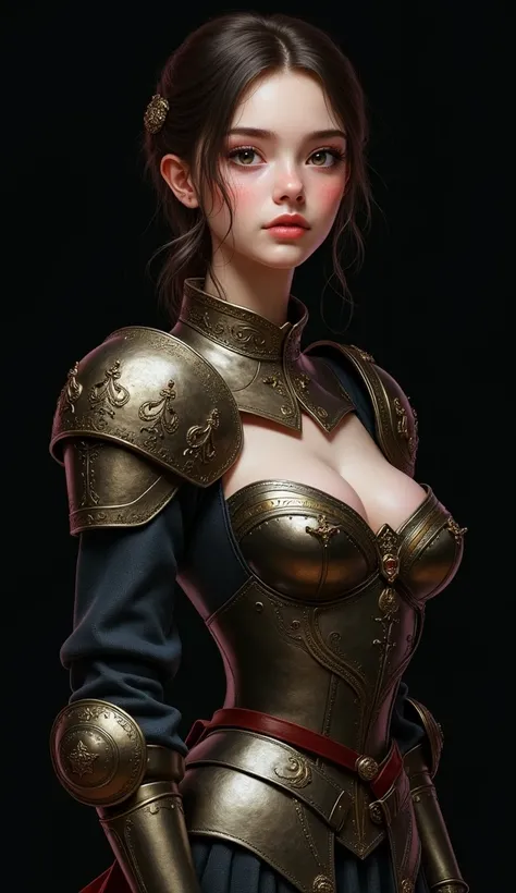 (masterpiece), semi-realistic artstyle, 18-year-old girl in a school uniform with elements of medieval armor, big breast, perfect beautyful face, (black background), (realistic shading)