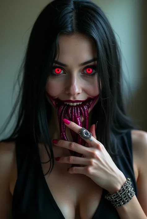 cute and attractive 40-year-old woman Monster with London dark straight hair and red blood full eyes, wearing long black dress. Nose piercing . She is adorned with a ring, earrings, and a bracelet. Big dark pink drooling Tentacles fingers. Teeth on her bel...