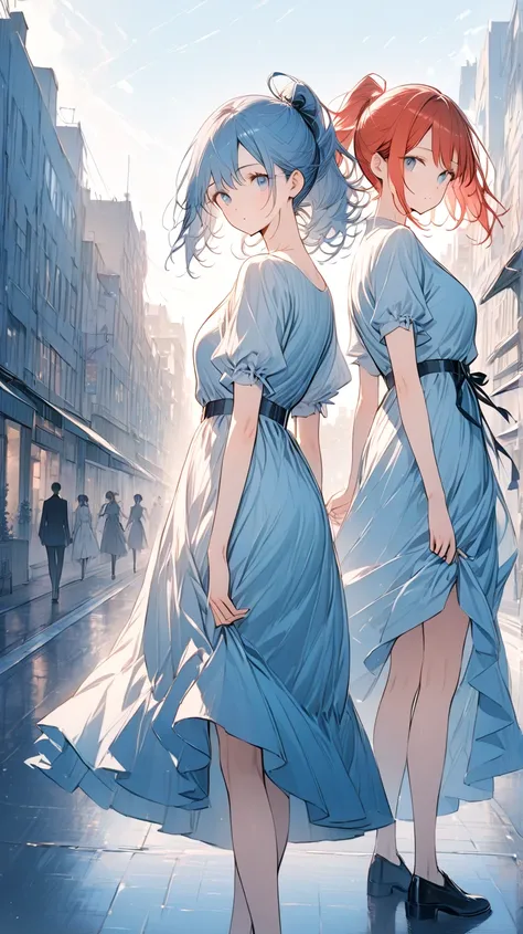 Masterpiece, high quality, tonal high definition, 16K, Makoto Shinkai illustration, detailed background, one with red hair ponytail, the other with short blue hair, full body, beautiful face, shoulder length dress, beautiful face, long eyelashes, clean ski...