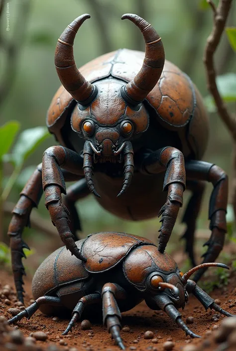 A monster horned dung beetle standing on a dung beetle after killed it