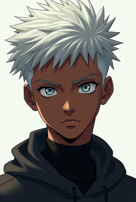 Create an 18-year-old black youth, with a serious expression,  silver hair ,  black and white clothes ,  anime style 