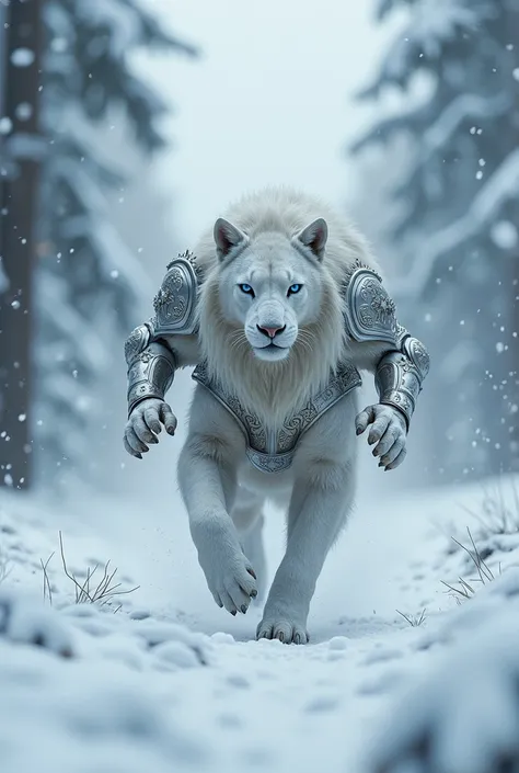 Snow lion full armoured is on the run in a snow forest
