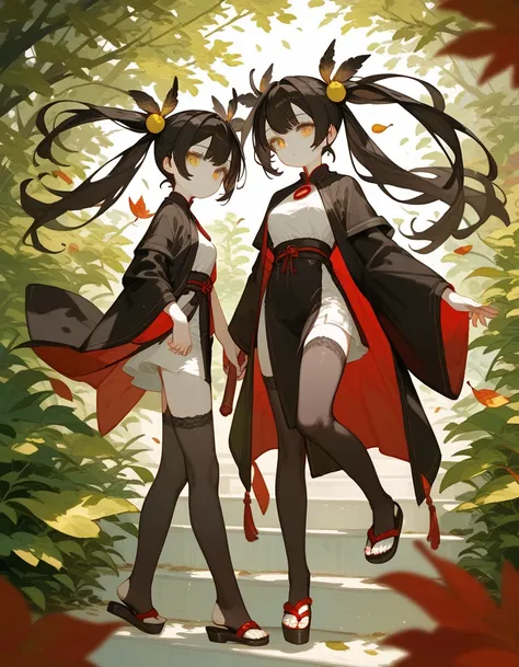 1 person,Solomon,White skin, twins tails hair,Black hair, in red-yellow eyes, Long Black Robe , put on long black stockings,Sandals , with leaves on the head ,Dark circles under the eyes, medium chest