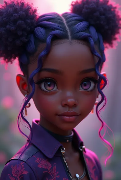 V 5.1 fantasy afrofuturism image of a beautiful black thirteen year old , with gorgeous hazel eyes, curly purple hair styled into two buns, stunning black girl, thirteen years old, realistic art style, cyberpunk gorgeous druid, trending digital fantasy art...