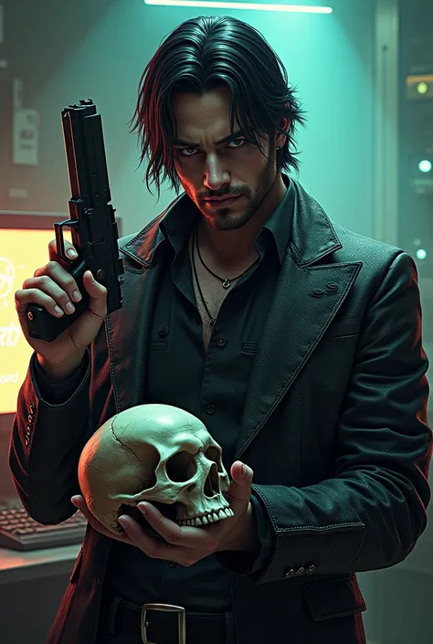  A man with black hair ,  holding a pistol and a skull,  in the other hand a pistol , Android Jones, Comic-Cover,  cyberpunk type , Computer art is written on his desk "MoonLord "