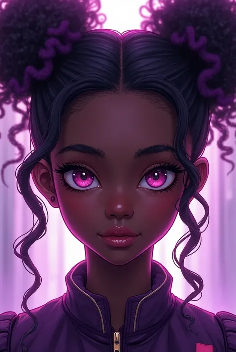 V 5.1 fantasy afrofuturism image of a beautiful black thirteen year old , with gorgeous hazel eyes, curly purple hair styled into two buns, stunning black girl, thirteen years old, realistic art style, cyberpunk gorgeous druid, trending digital fantasy art...