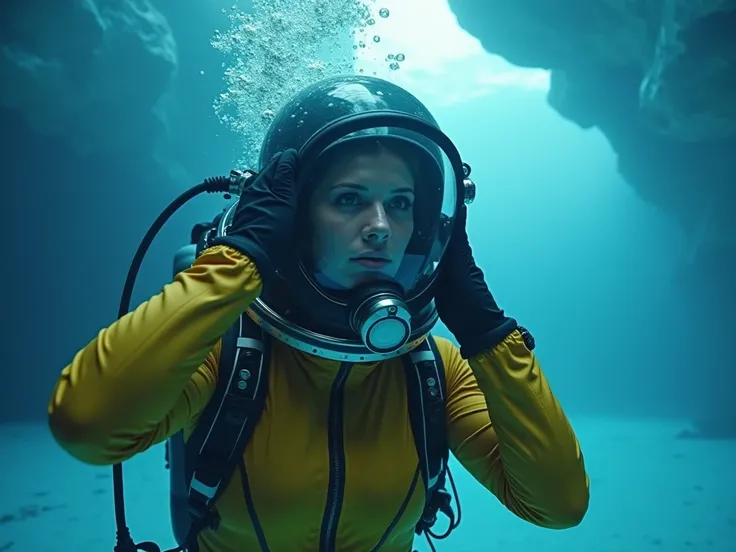 Sexy  women wearing  tight hazmatsuit underwater  Antarcticas  iced surface  puts her hands in her glassed helmet because she  runned out of air and she cant breathe 
And looking desperately around for help, then a hostile scuba diver girl goes behind her ...