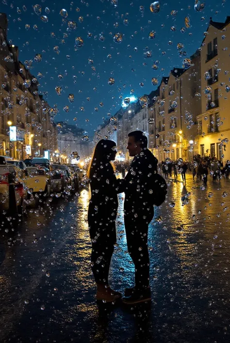  A photograph captured from a low angle ,  looking up to the sky .  Numerous raindrops fall on the scene ,  with a sharp focus on the nearest drops .  Each drop acts as a tiny mirror ,  reflecting in detail a city full of lights and buildings .  In some of...