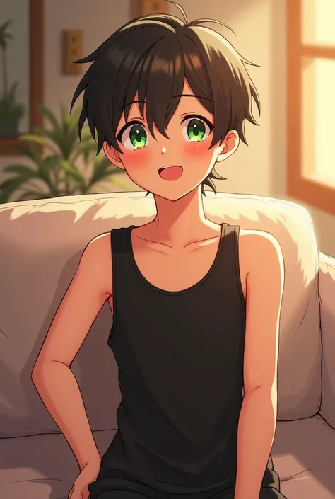 ((masterpiece)),(((best quality))), (high-quality, breathtaking),(expressive eyes, perfect face), 1boy, solo, male, short, young, small boy, brown hair, green eyes, smiling, blushing, black tank top, black short shorts, indoors, cute, sweet, close up, 18 y...