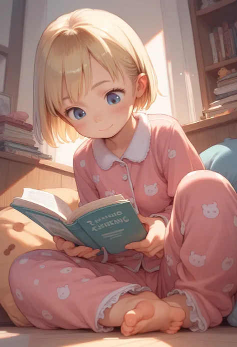 a girl,  sitting on the floor , Reading manga ,  having fun with the stories,  short hair, blonde, pajamas, Loli, , Cute  girl,  bottom perspective