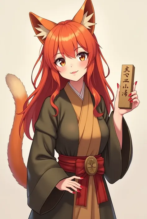  A woman with the ears and tail of an orange cat ,  long reddish hair ,  with a kind and cheerful expression on her face .  She wears monk clothes and a wooden catchphrase , carried on her back .  Long red nails .  Cant have any symbol of circles ,  just a...