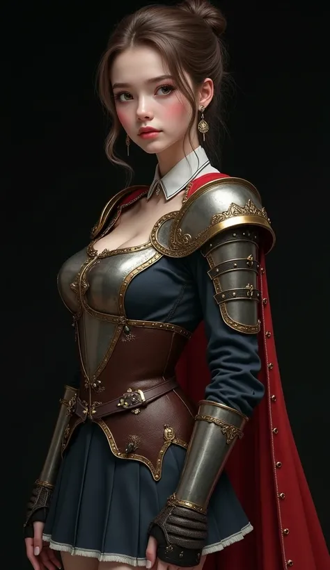 (masterpiece), semi-realistic artstyle, 18-year-old girl in a school uniform with elements of medieval armor, big breast, perfect beautyful face, (black background), (realistic shading)