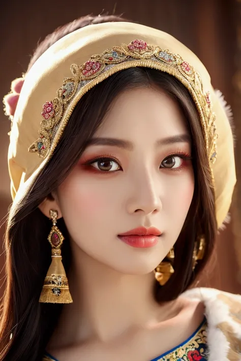 beautiful detailed eyes, beautiful detailed lips, extremely detailed eyes and face, longeyelashes, 1girl, traditional khalkha noble attire, intricate fur headdress, embroidered deel, formal studio setup, cultural regalia details, authentic mongolian fashio...