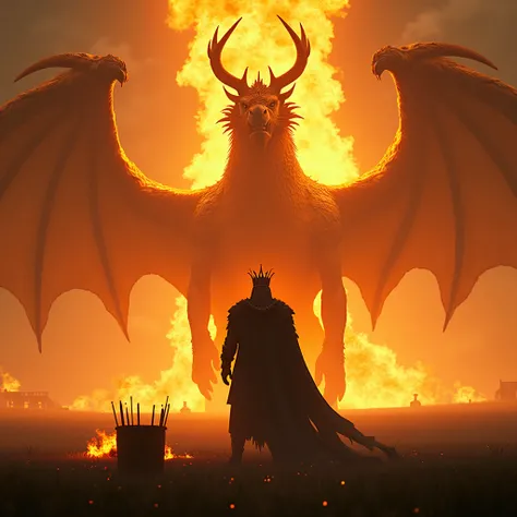 Un roi viking en contre-jour avec une couronne, Behind him a huge golden dragon that breathes fire, red flames, brazier, 4K, epic, viking,  battlefield, tons chauds