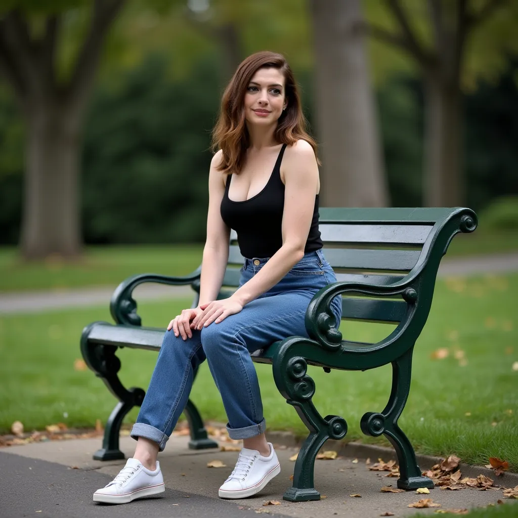 annehathawayflux sitting on a public park chair with her legs crossed, wearing a high rise tight blue jeans and a black tank top...