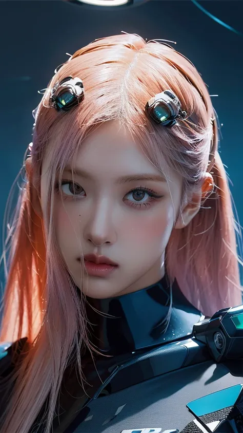 (masterpiece,  Top Quality,  Top Quality, Official Art,  beautifully , Aesthetic:1.2), Staring at the viewer , Portrait, ( 1 cyberpunk babe  ),  big iridescent eyes ,  beautiful skin , (  long pink and blue hair with bangs), VERY DETAILED, ( neon color fra...