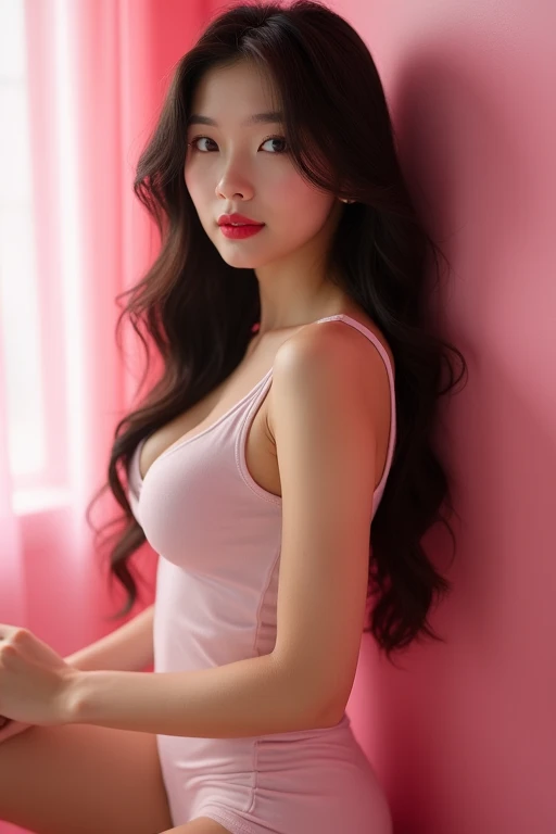 full body, 1 korean girl, black hair, crimson lip, Her long, dark hair cascades in lush, glossy waves, skin color womens thermal underwear, thighs, beautiful legs, big breasts,18 years old, brightly smile, frontal view, a girl with a confident expression, ...