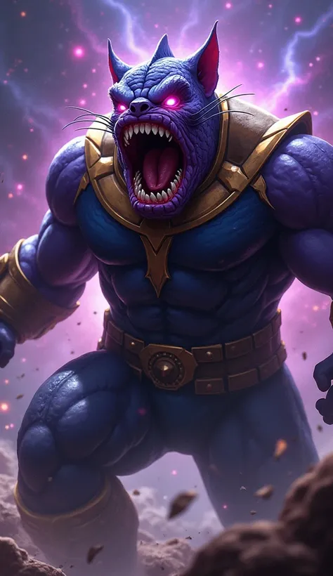 Thanos Marvel with the head of a catfish roaring and furious 