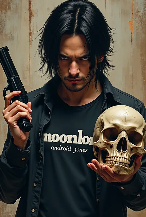  A man with black hair ,  holding a pistol and a skull,  in the other hand a pistol ,On his shirt is  "MoonLord " Android Jones, Comic-Cover,  cyberpunk type , Computer type  