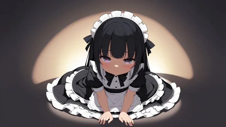 Black long straight loli ,  wear a maid outfit, Kneel down,   legs and five fingers, More flesh, Cute 2D, Background Backlight HD  