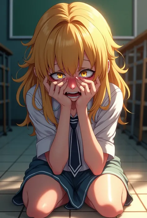  An adult mature young woman with big blond hair and yellow eyes, wearing a patricinha outfit ,  expression of extremely crying like hands in the eyes , On the school floor ,  anime style  