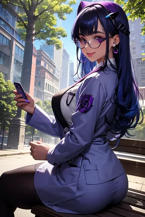  purple eyes, glasses, massive , big ass, juicy lips, big lips, droopy purple eyes, massive lashes,smiling,  facing forward, straight blunt bangs, purple highlights in hair, crazy expression, ((BLUE HAIR)), spiral eyes, @_@, wearing lab coat,eye ornament o...