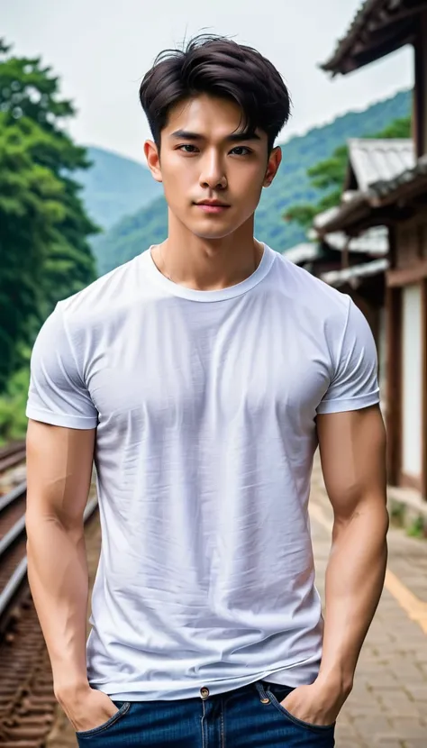   1boy, orimale ,Orimura ,  bright eyes  , Short Hairstyle , Handsome man  ,White skin ,Have muscles,blood vessel,Broad shoulders,  wearing a white short-sleeved round neck T-shirt and jeans. No logo and jeans. 